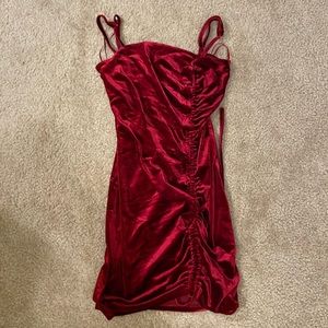 Red velvet mini strapless formal dress